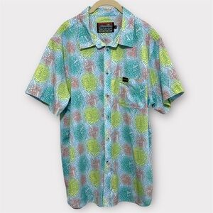 Burlebo Performance Button Up‎ Shirt Men's Large Blue 80's Graphic Short Sleeve